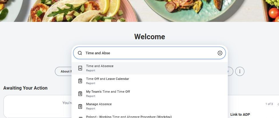 Workday search bar with "Time and Abse" typed in, showing the Time and Absence Report option highlighted in the dropdown