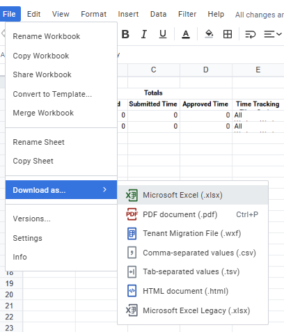 Google Sheets File menu with Download as submenu open, Microsoft Excel (.xlsx) highlighted