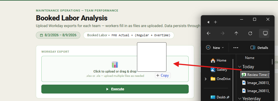 File Explorer's Downloads folder next to the Booked Labor Analysis page, with an arrow showing the downloaded file being dragged into the Workday Export drop zone
